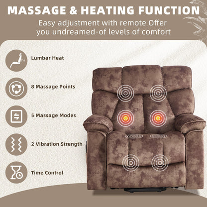 CANMOV Power Lift Recliner Chair for Elderly with Vibration Massage and Lumbar Heating, Overstuffed Electric Lift Chair with Side Pocket and 2 Cup Holders for Living Room, Brown