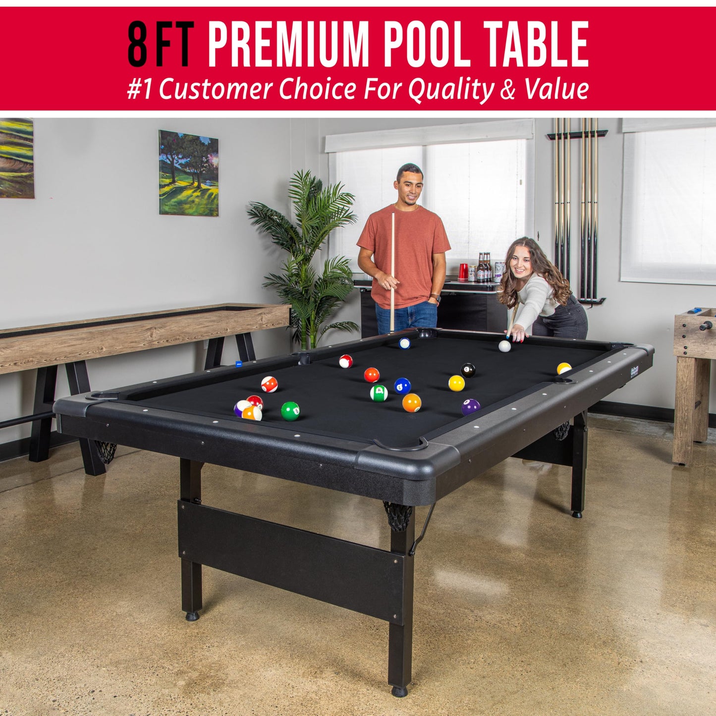 GoSports Full Size 8 ft x 4.2 ft Billiards Game Table - Foldable Design, Includes Full Set of Pool Balls, 2 Cue Sticks, Chalk, and Felt Brush - Black