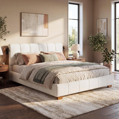 Christopher Knight Home Dora Boucle Upholstered King Bed Frame and Headboard, King Platform Bed and Reading Light, Wooden King Size Bed Frame with Tufted Design, No Box Spring Needed, White + Brown