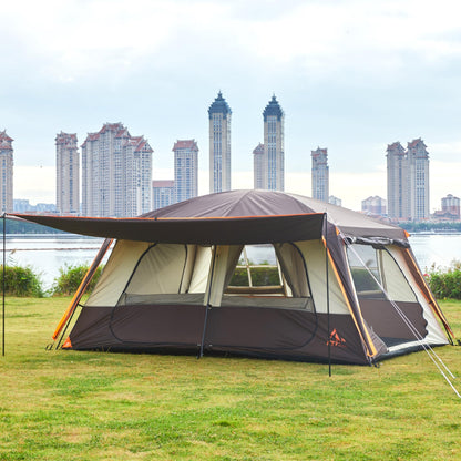 KTT Extra Large Tent 12 Person,Family Cabin Tents,Awning,2 Rooms,4 Doors and 4 Windows with Mesh,Straight Wall,Waterproof,Double Layer,Big Tent for Outdoor,Picnic,Camping,Family Gathering(Brown)