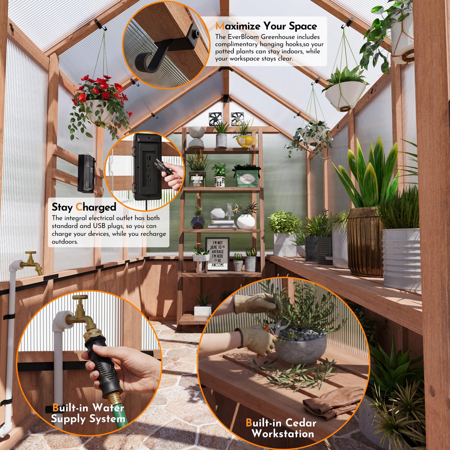 Modern Shade EverBloom 6.5'x10' Wooden Greenhouse, 8' Extra-Tall Cedar Wood Greenhouse with Built-in Outdoor Faucet Kit, Heavy Duty Greenhouse with Built-in Shelving, Power Strip & Ventilation System