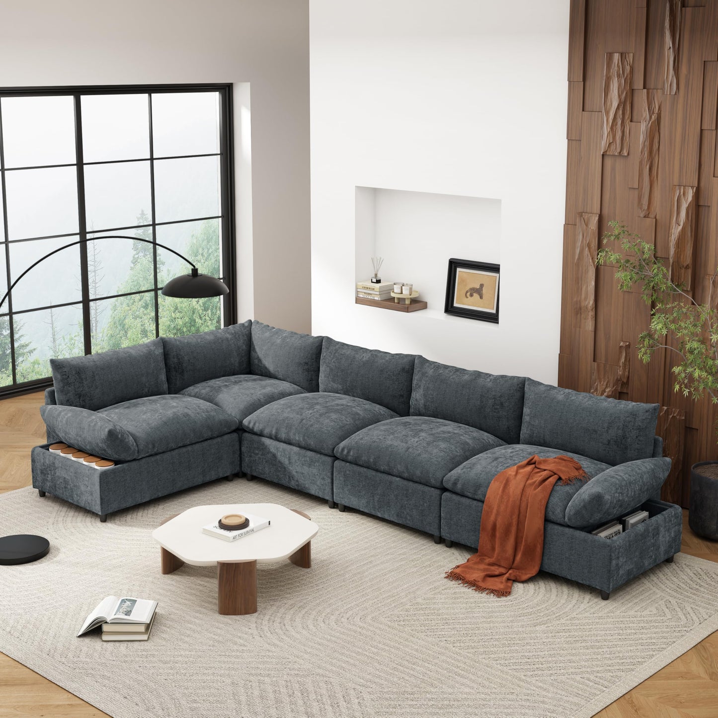 Christopher Knight Home Neora 5 Seater Sectional Sofa, L Shaped Couch, Sleeper Couch with Storage, Modular Sofa Chair, Deep Seating Chaise Lounge Sofa for Living Room Rest Room 115.50" W, Dark Gray