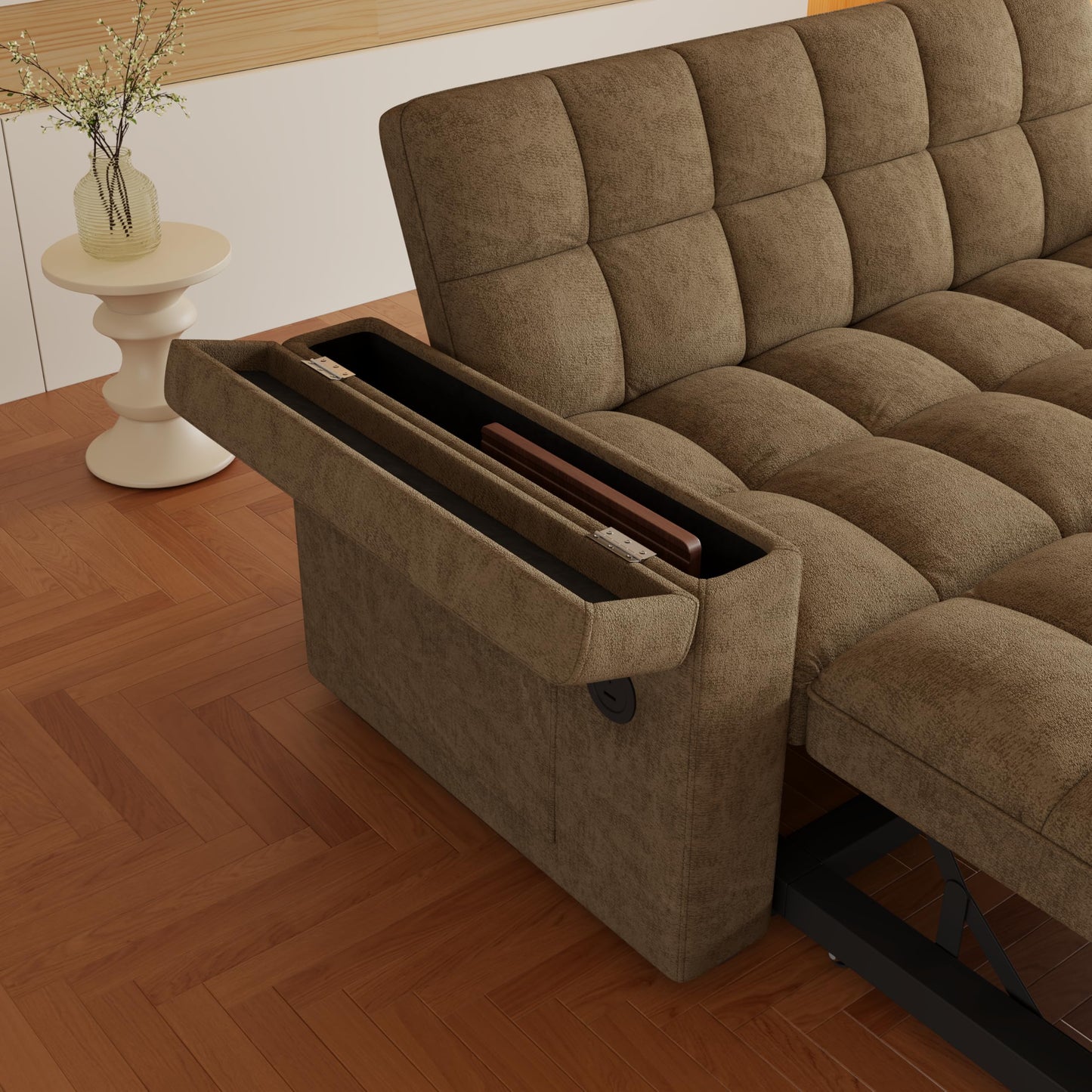 KEIKI 65" Convertible Sleeper Sofa Bed, 3-in-1 Folding Chenille Futon Couch with Adjustable Backrest, Double Loveseat Sofa with Pillows & Armrest Storage for Guest Room, Bedroom, Office