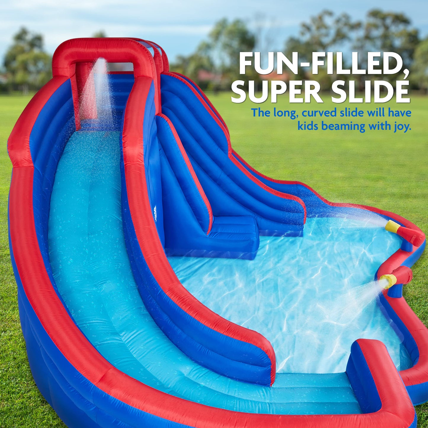 Sunny & Fun Double Dip Inflatable Water Slide Park – Heavy-Duty for Outdoor Fun - Climbing Wall, 2 Slides & Splash Pool – Easy to Set Up & Inflate with Included Air Pump & Carrying Case