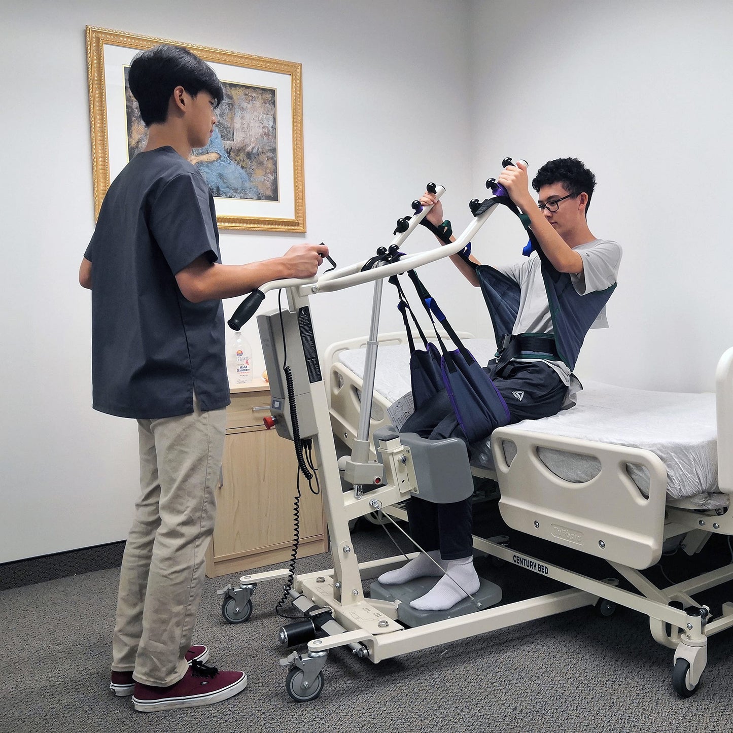 Tuffcare Stand Up Electric Patient Lift - Sit to Stand, Standing Lift, Rhino Lift with Manual Low Base - with Standing Sling (Medium) and Buttock Strap, 380 lb. Weight Capacity