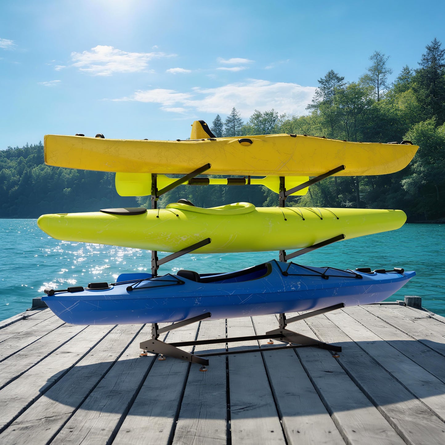 NIMBLERACK 3-Tier Kayak Storage Rack, Heavy Duty Free-Standing Canoe Stand 330lb, 304 Stainless Steel Anti-Snap Molded Joint, Adjustable Vertical Holder for Garage Outdoor Lakeside Seaside(Black)