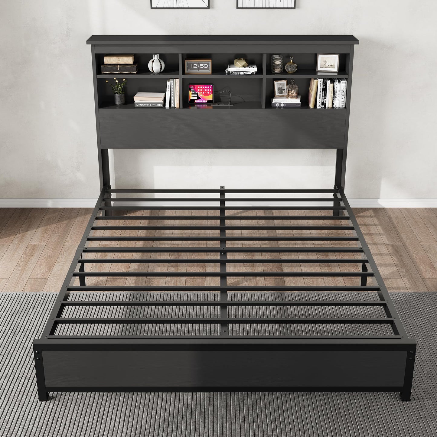 Garvee Queen Platform Bed Frame with Bookcase Headboard, Charging Station (USB & Type‑c), Tall Wooden Headboard, 9.6" Underbed Storage, No Box Spring Needed, Black