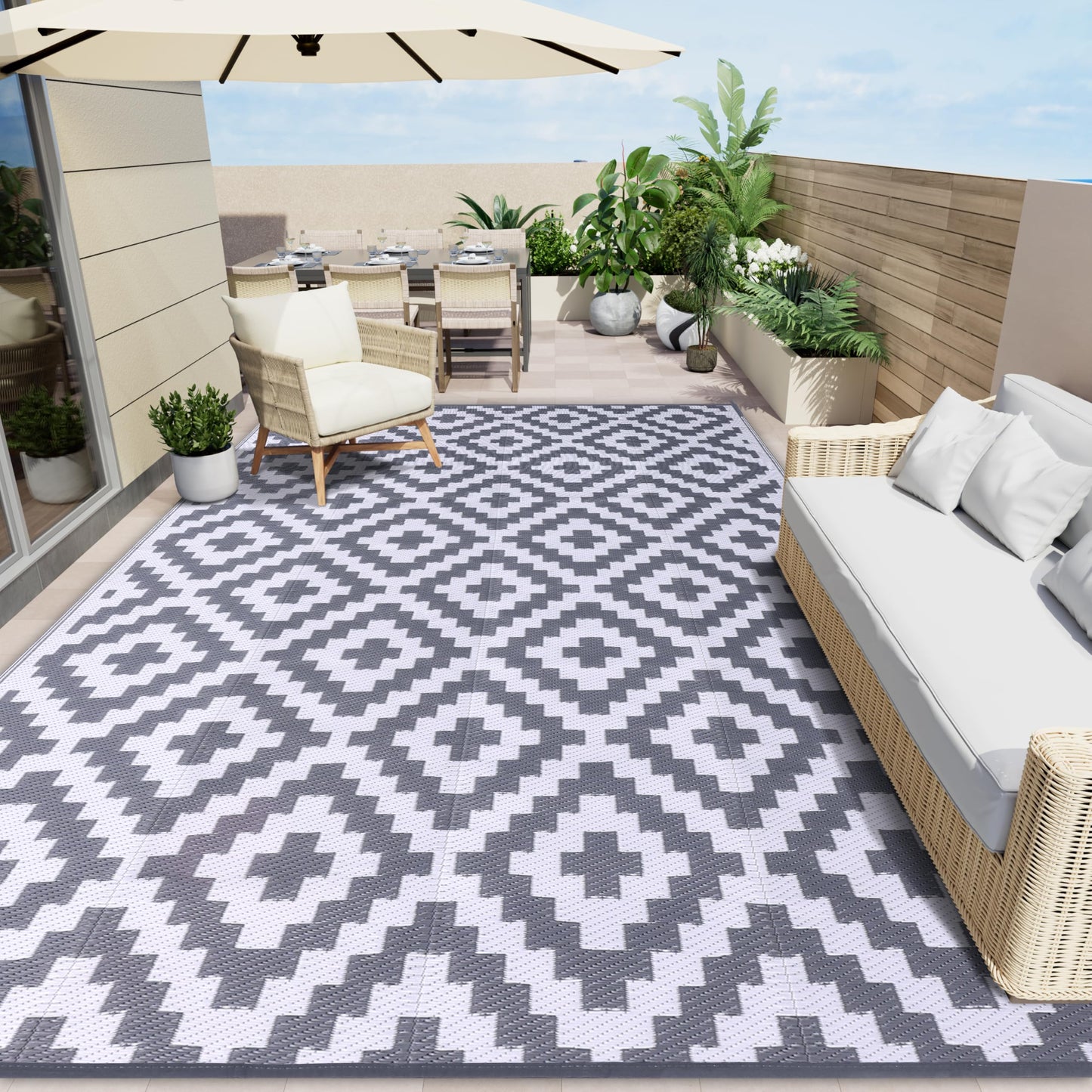 OLANLY Waterproof Outdoor Rug 10x14 ft, Outdoor Plastic Straw Rug for Camping, RV Mat Outside, Outdoor Carpet for Porch, Deck, Backyard, Balcony, Picnic, Grey & White