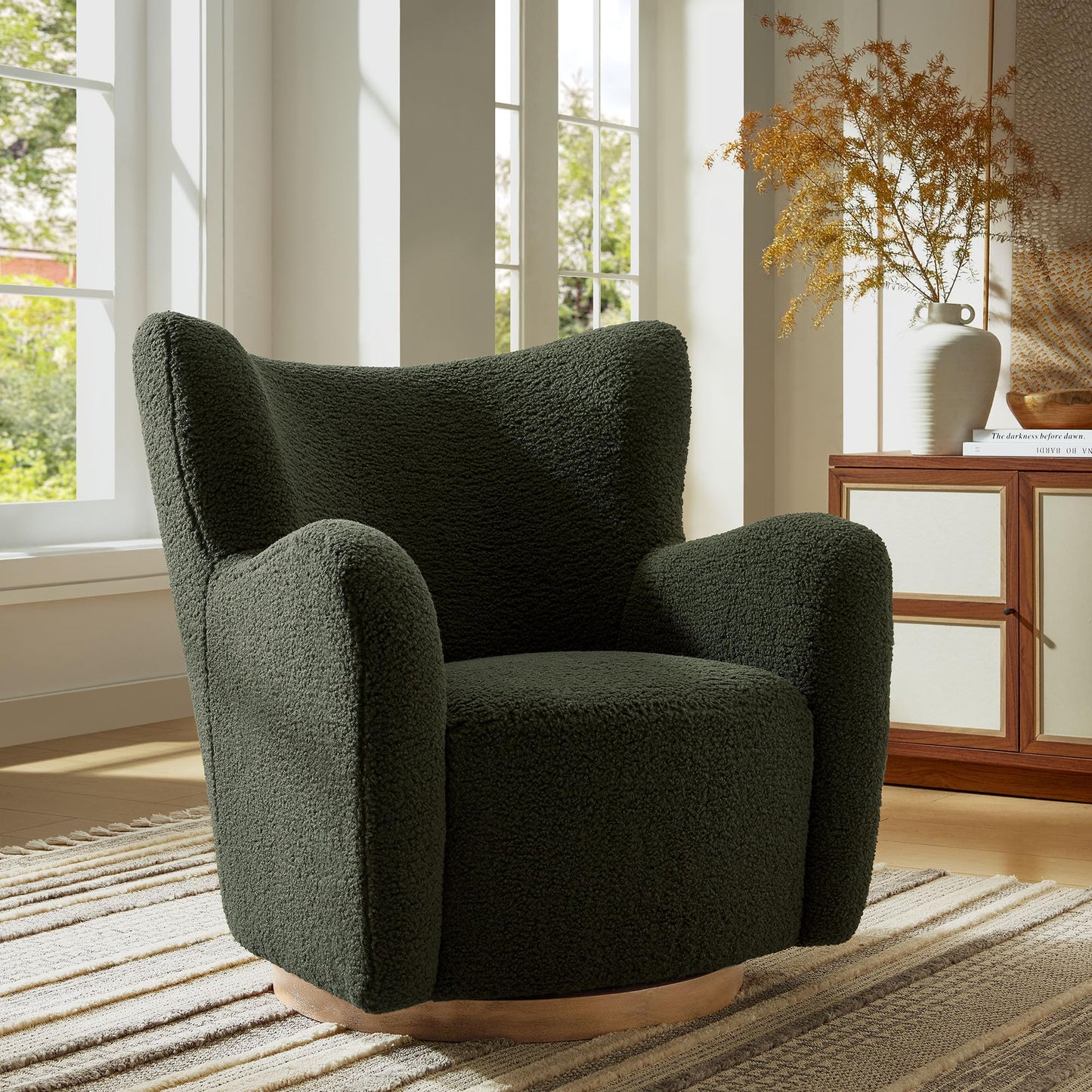 Modway Montrose Swivel Wingback Accent Chair in Fern Walnut Sherpa Teddy Fabric – Modern Furry Barrel Chair with 360-Degree Swivel Base – Soft and Comfy Living Room Chair