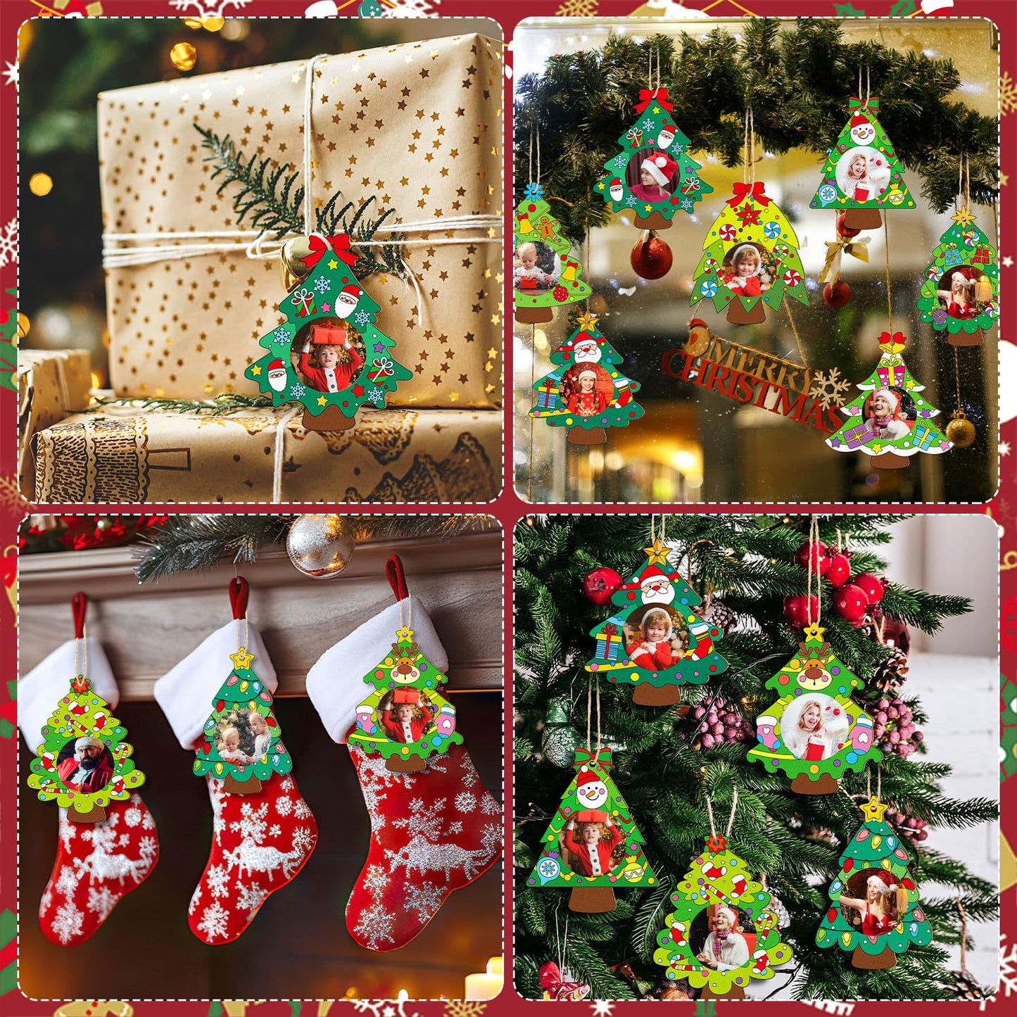 Qunclay 12 Pcs Unfinished Wood Christmas Picture Frame 12 Styles DIY Christmas Tree Photo Frame Wooden Ornaments with Paint Set for Xmas Tree Home Decoration