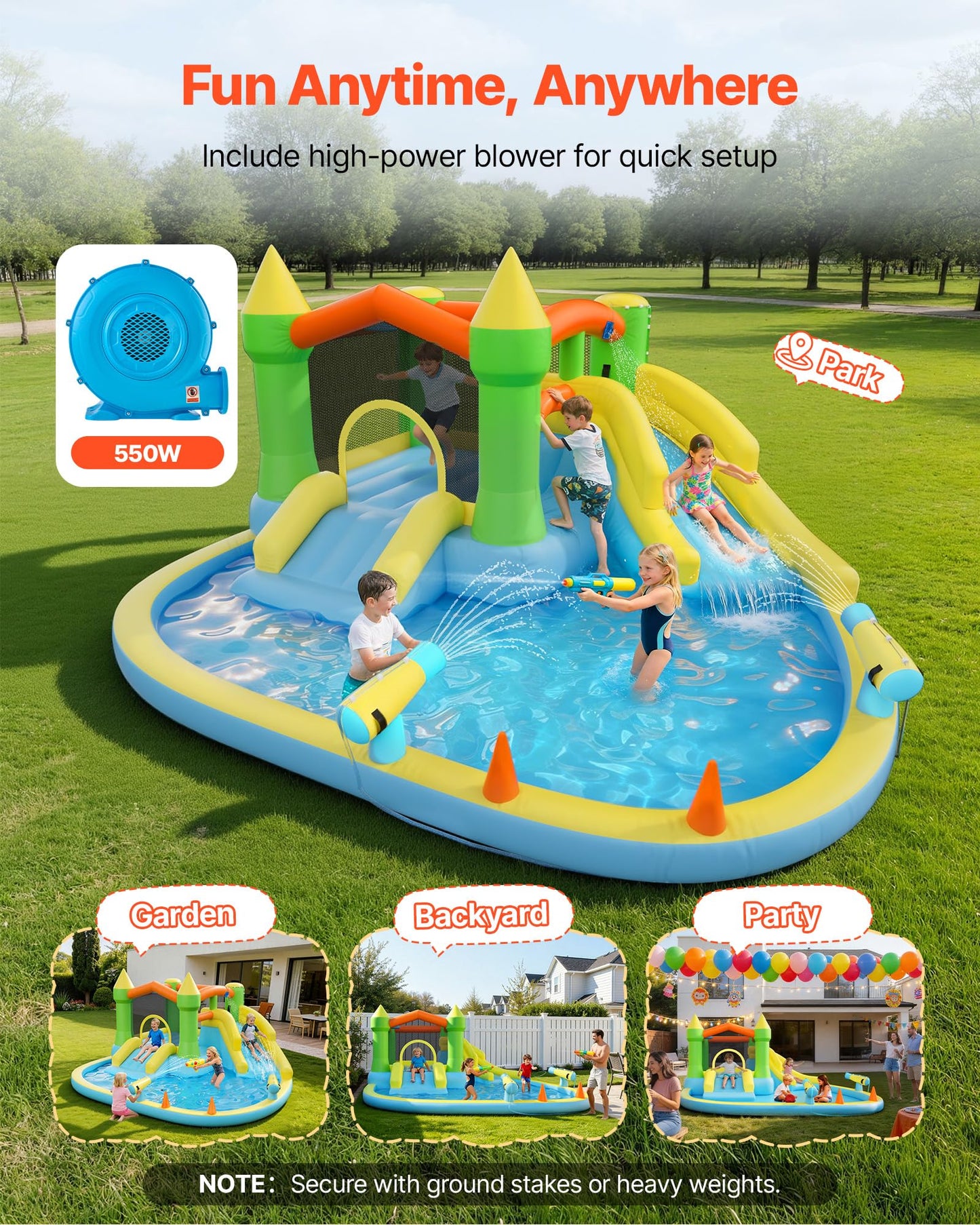 VEVOR Bounce House for Kids, Inflatable Bounce House with Air Blower, Water Slide, Bouncer Castle with Castle Bounces, Basketball Hoop, Splash Pool & Water Ring Toss, for 3 to 4 Kids Ages 3 to 8