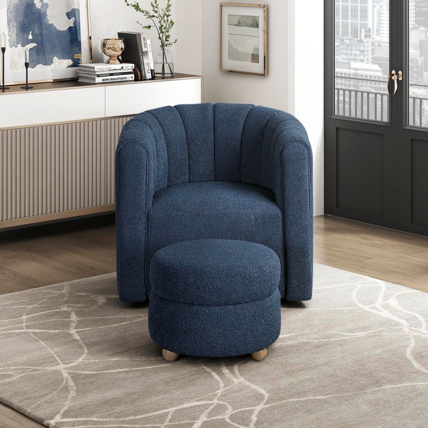 Lexicon Swivel Accent Chair with Ottoman, Boucle Fabric Upholstered 360 Degree Swivel Single Sofa Chair with Ottoman Set for Living Room/Office/Apartment, Blue