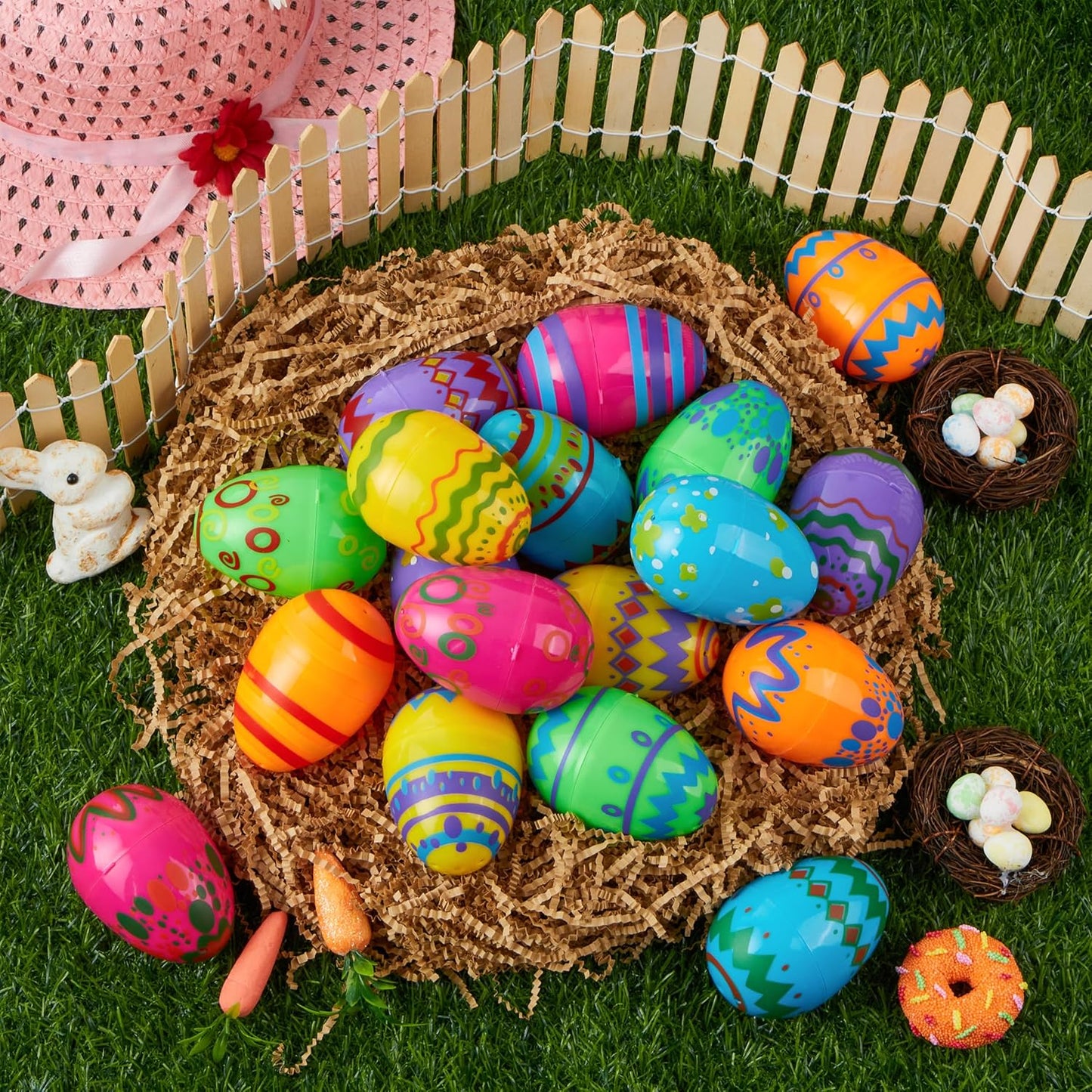 24PCS 3.15" JOYIN Printed Easter Eggs, Empty Fillable Colorful Plastic Eggs Bulks for Easter Hunt, Basket Stuffers
