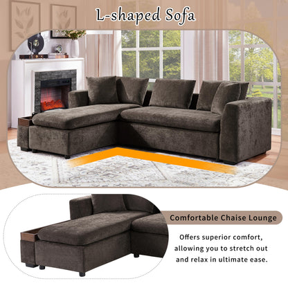 Merax 93.7" L-Shaped Sectional Sofa with Wooden Storage Compartment, Chenille Upholstered Deep Seating Sleeper Couch & Chaise Lounge and Throw Pillows for Living Room, Brown