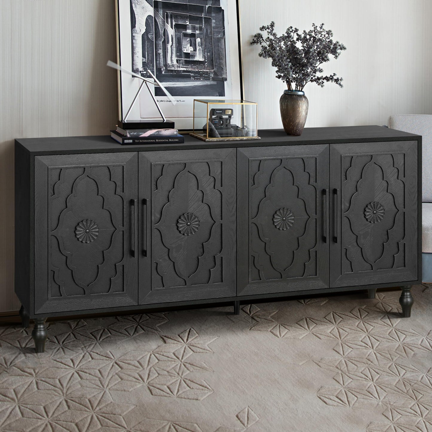 YOPTO Wood Storage Sideboard with Three Tempered Glass Doors and Adjustable Shelf,Large Buffet Cabinet W/Carved Flower Door for Living Room,Kitchen,Entryway,Black
