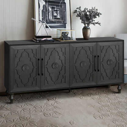 YOPTO Wood Storage Sideboard with Three Tempered Glass Doors and Adjustable Shelf,Large Buffet Cabinet W/Carved Flower Door for Living Room,Kitchen,Entryway,Black