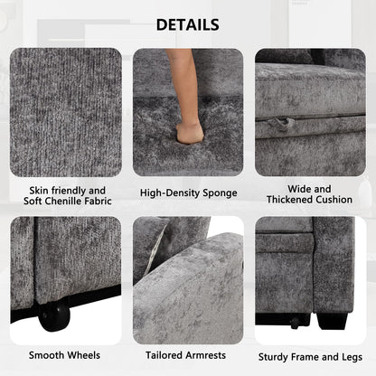 GDFStudio Pull Out Sofa Bed with USB Ports and Cup Holders, 3-Position Adjustable Backrest Chenille Loveseat, Sturdy Frame Compact Couch for Living Room Apartment Guest Bed, Gray