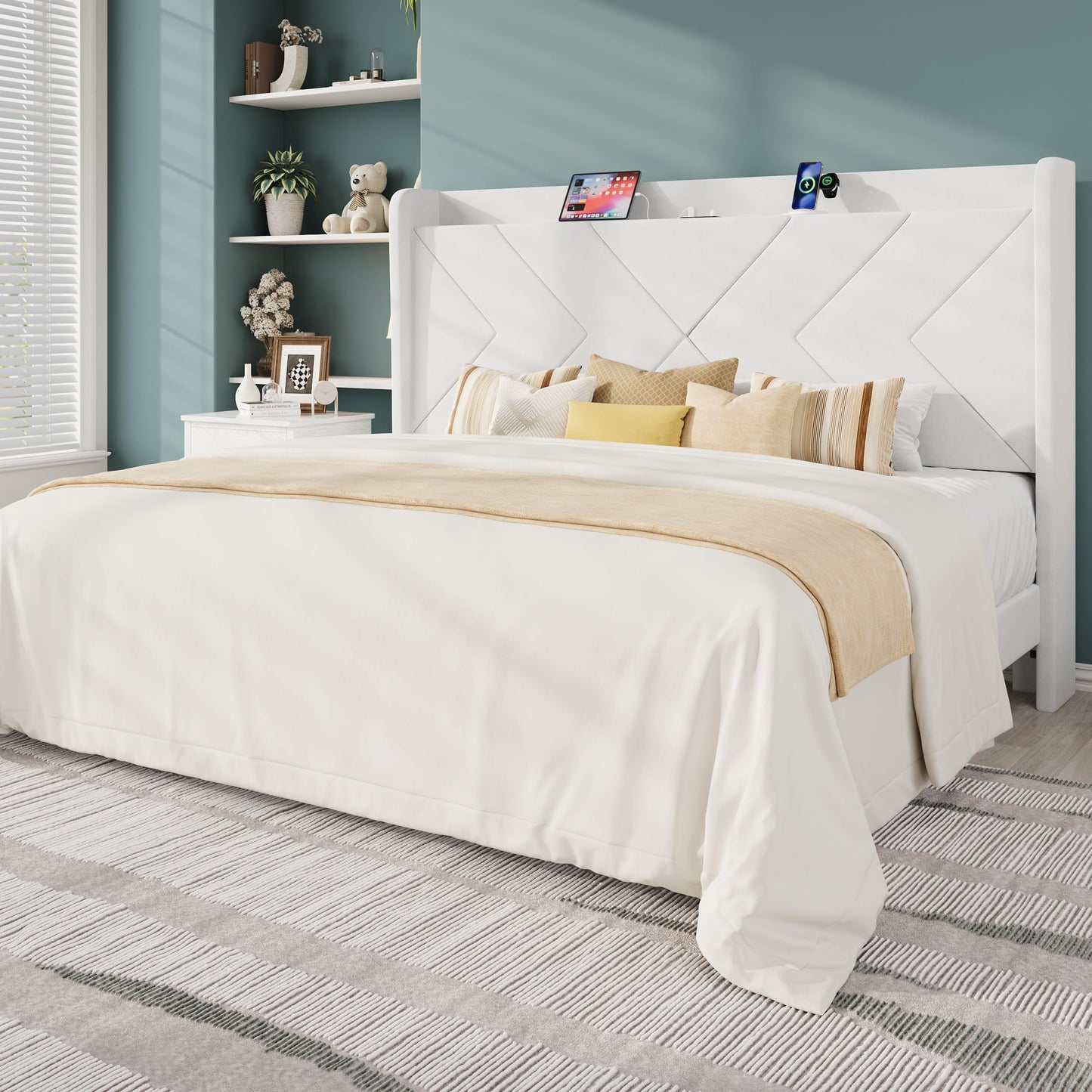 Allewie King Size Platform Bed Frame with Charging Station and Storage Shelf/Upholstered Velvet Wingback Headboard/Wooden Slats Support/No Box Spring Needed/Easy Assembly, White