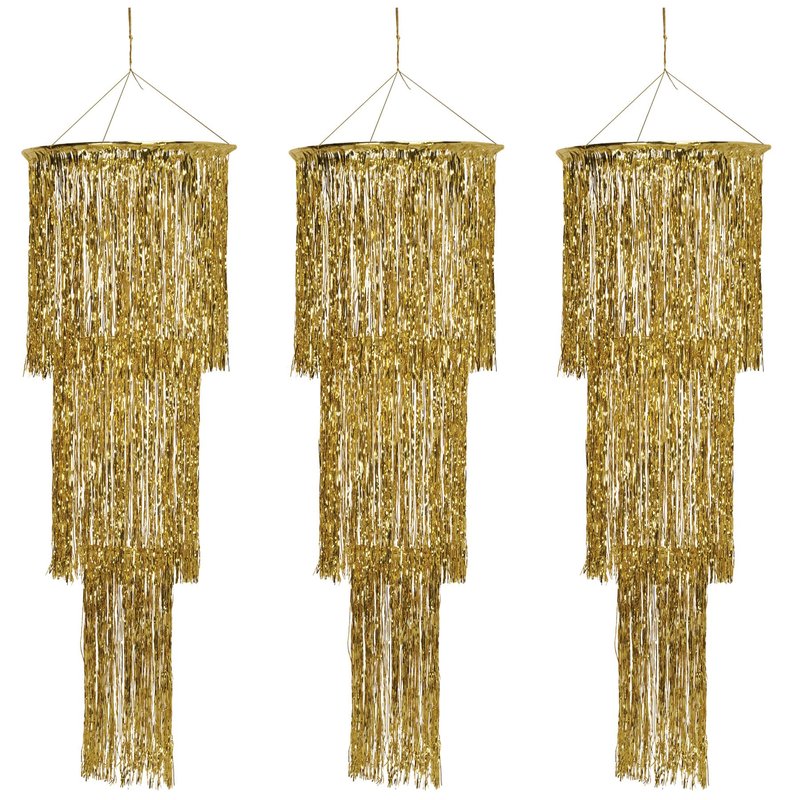 Beistle 3-Tier Shimmering Chandeliers – 3 Pack Gold Hanging Party Decorations, Elegant Foil Ceiling Décor for New Year’s Eve, Weddings, Anniversaries, 1920’s Themed Parties and Celebrations, 4 Ft