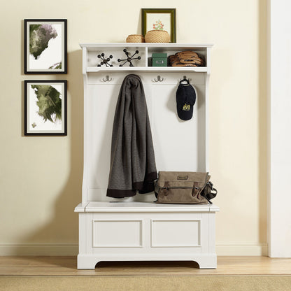 Crosley Furniture Campbell Hall Tree with Storage Bench and Coat Rack Hooks for Hanging, White