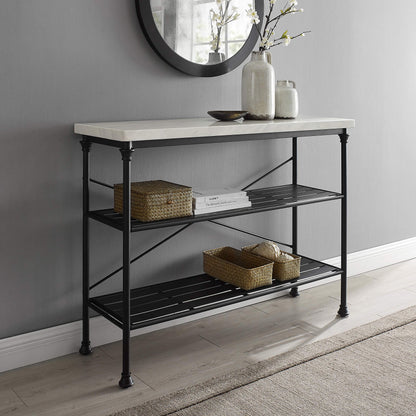 Crosley Furniture Madeleine Sofa Console Table with Storage Shelves for Hall, Entryway, or Living Room, Steel with Faux Marble Top