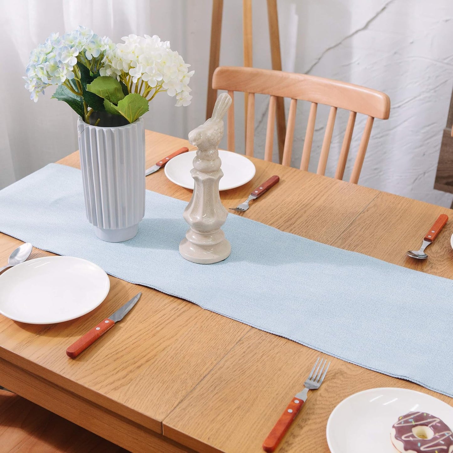 NATUS WEAVER 2 12 60 Inch Soft Caddice Faux Linen Side Table Runner, eco-Friendly Fabric Handcrafted Runner, Light Blue