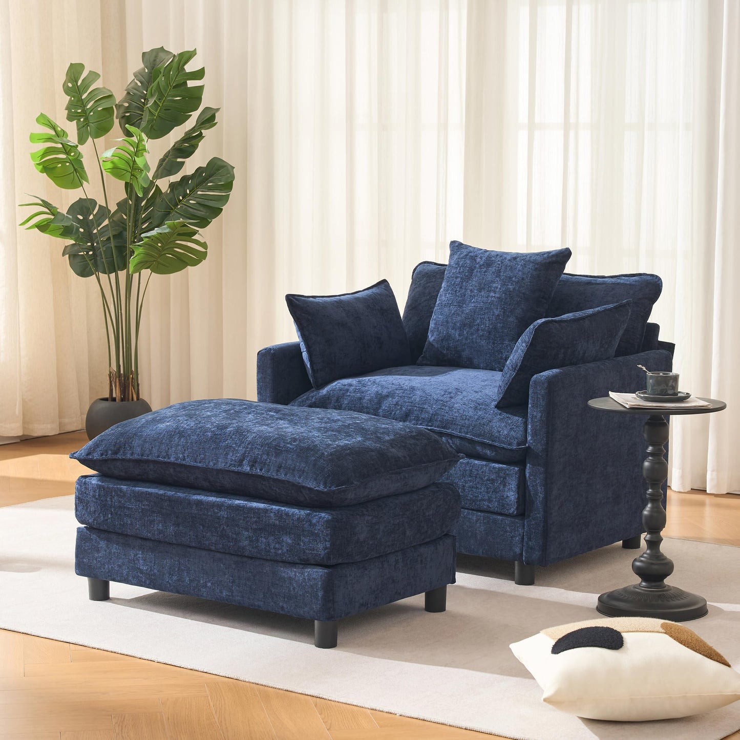 KEIKI Oversized Armchair with Ottoman, Chenille Upholstered Sofa Bed, Wide Accent Chair, Perfect for Living Room, Bedroom, Apartment, Blue