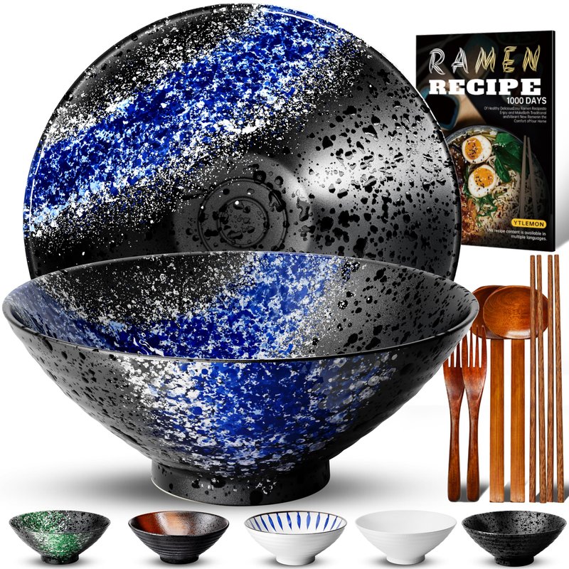 9.4Inch Ceramic Ramen Bowl Set of 2 (9 Piece) - Porcelain Japanese Salad Noodles Cereal Fruit Pasta Soup Large Bowls with Recipes Chopsticks Forks Spoons for Men Women Gift Microwave Dishwasher Safe