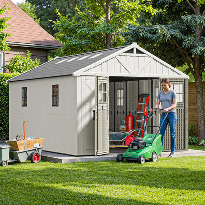 Patiowell 10 x 14 FT Outdoor Storage Shed, Plastic Shed with Floor and Skylight, Resin Storage Shed with Four-Window and Lockable Door for Garden, Patio, Backyard, Beige
