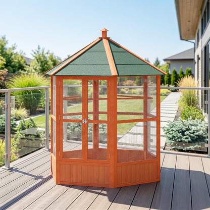 PawHut 69" Large Wooden Hexagonal Outdoor Aviary Flight Bird Cage with Covered Roof, Brown