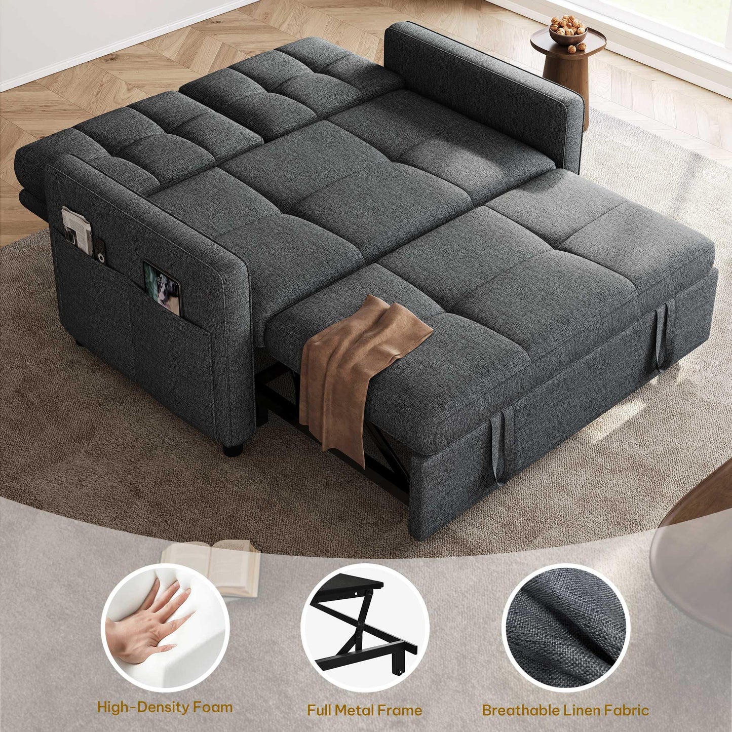 DWVO 55" Convertible Sofa Bed, 3-in-1 Sleeper Sofa with Pull-Out Bed, Linen Futon Couch with Adjustable Backrest and Side Pocket, Modern Loveseat for Living Room Apartment, Grey