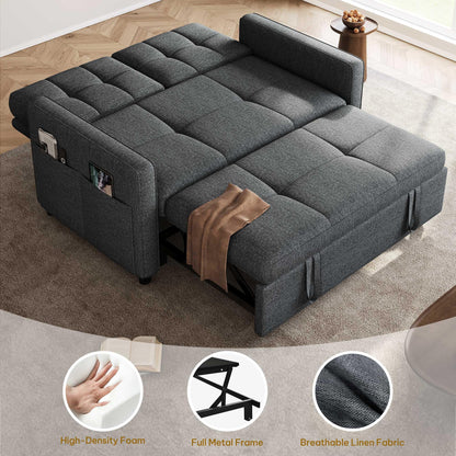 DWVO 55" Convertible Sofa Bed, 3-in-1 Sleeper Sofa with Pull-Out Bed, Linen Futon Couch with Adjustable Backrest and Side Pocket, Modern Loveseat for Living Room Apartment, Grey