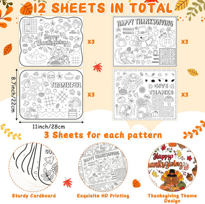 12Pcs R HORSE Thanksgiving Coloring Placemats - Disposable Paper Game Coloring Table Mats, Fall Turkey Place Mats