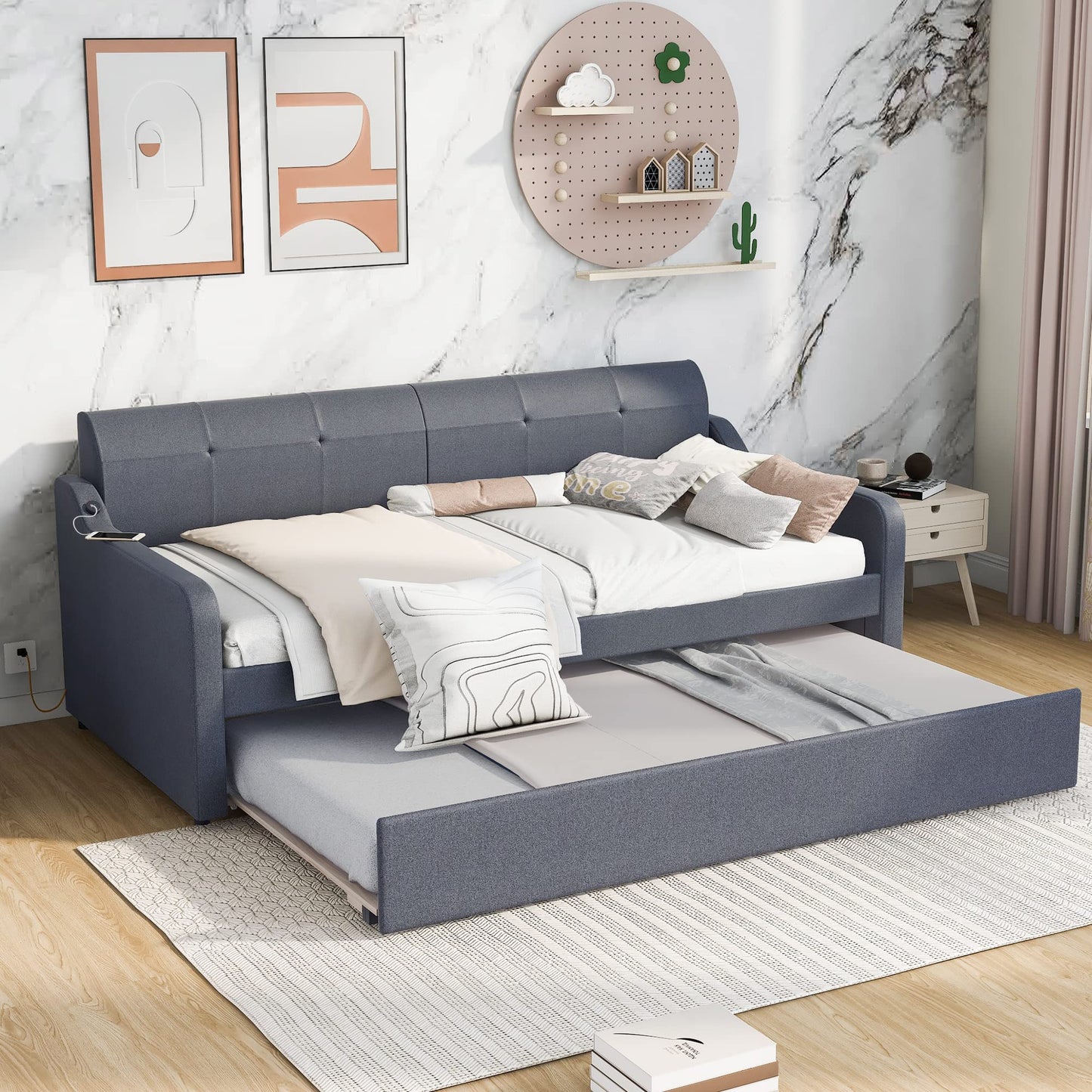 GDFStudio Twin Size Upholstered Daybed with Trundle and USB Charging Port, Pop-Up Trundle Flat or Elevated, Woven Fabric Day Bed Frame with Backrest and Armrests, Gray
