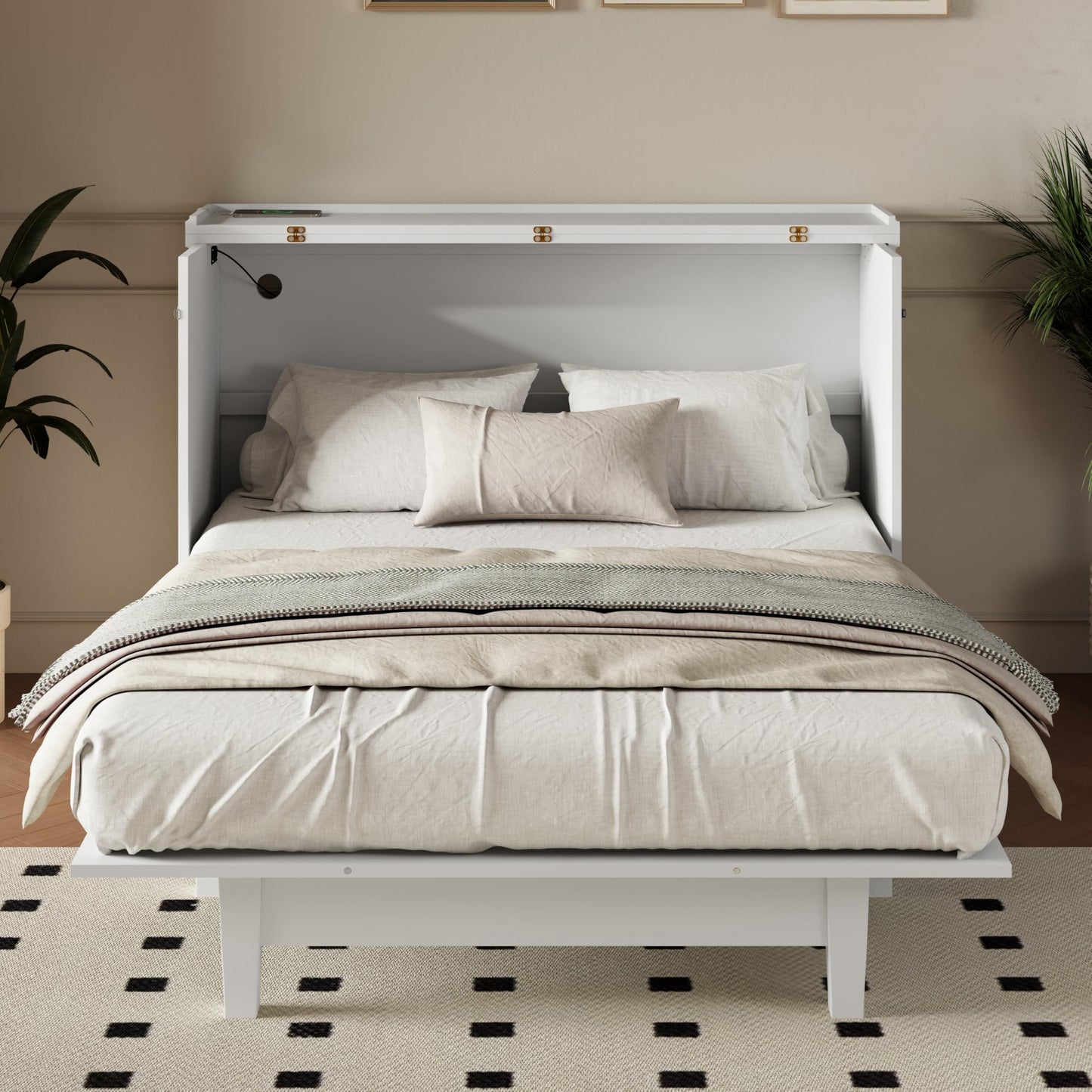 Merax Solid Pine Murphy Bed, Chest Cube Cabinet Bed with Charging Station and Large Storage Drawer for Home Office or Small Room, Full, White