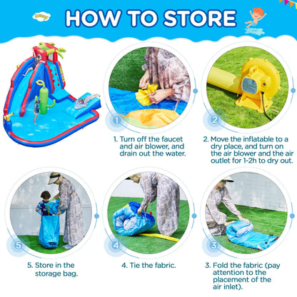 Yaheetech Inflatable Water Slide, Blow Up Water Slide Park Castle for Kids Aged 3-10 w/Splash Pool, Water Cannon, Ring Toss, Basketball, Surfboard and Climbing Wall, Water Slide with 520W Blower