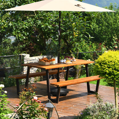 HOMGX Picnic Table, 6 Ft Dining Table with 2 Umbrella Hole, Table Bench Set with Heavy-Duty Metal Frame, Acacia Wood Picnic Table for Outdoor, 6-8 Person, Patio, Lawn, Party, Garden, Natural & Black