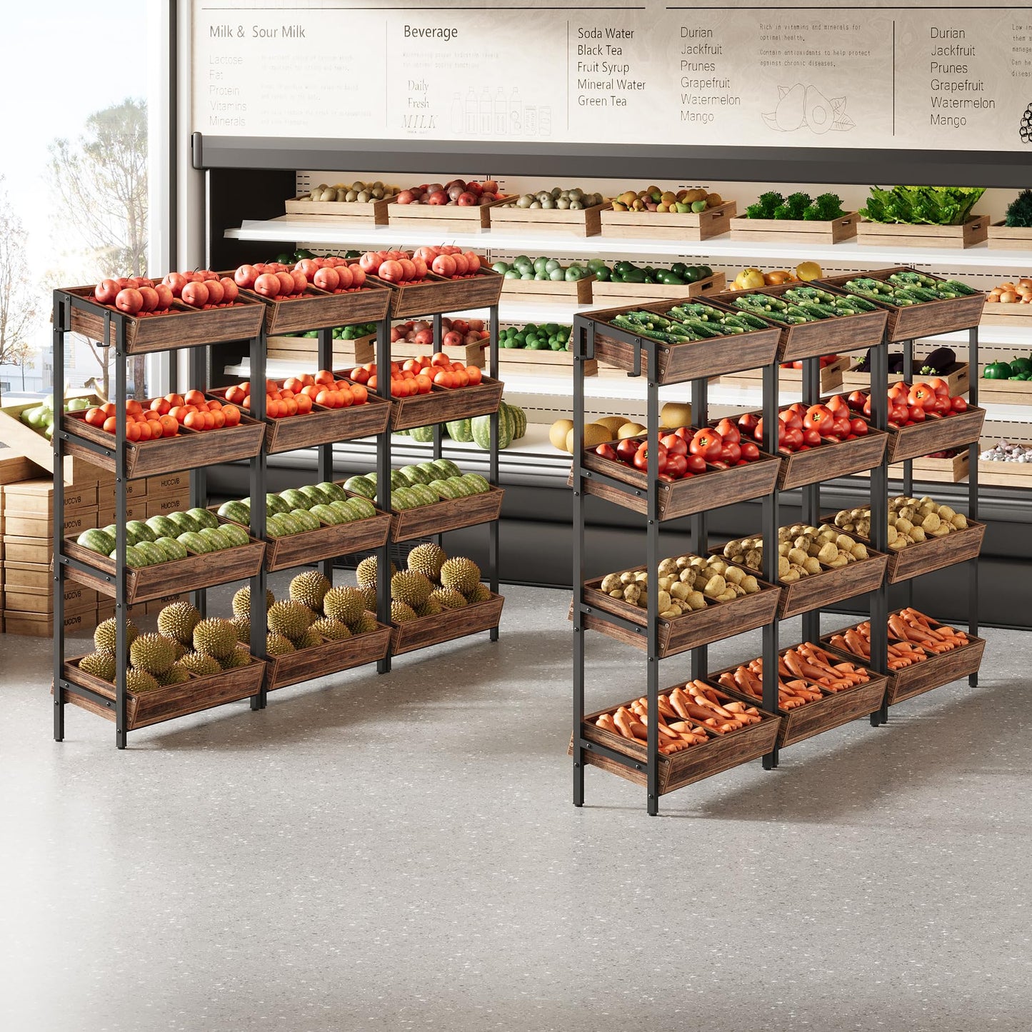 Tribesigns 4-Tier Retail Display Rack Set of 6, Heavy-Duty Commercial Display Stand for Candy, Vegetables, Snacks, Industrial Storage Shelf with Hooks for Retail Store (6, Brown+Black)
