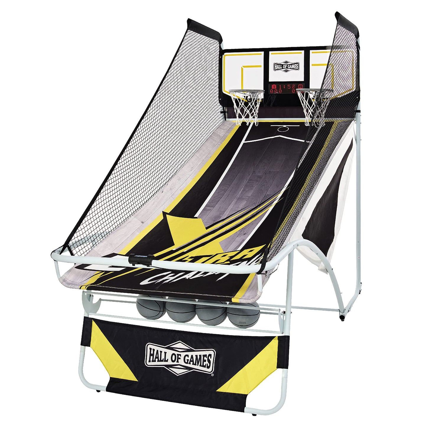 Hall of Games Xtra Long Shot EZ-Fold Premium Arcade Basketball Game with Built-in 4-Ball Storage Rack, Pop Off with The Perfect Basketball Game