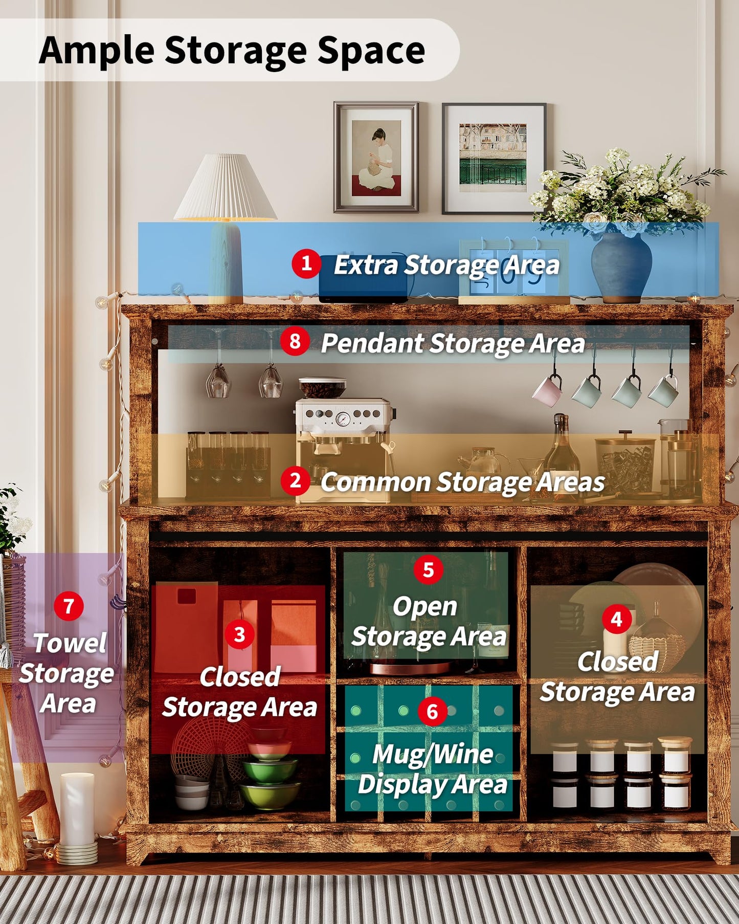 Hetoy Farmhouse Coffee Bar Cabinet 55" Tall with Sliding Barn Door, LED Light, Power Outlet – Storage Drawers, 12-Bottle Wine Rack, Ideal Coffee Hutch for Dining Room or Home Bar