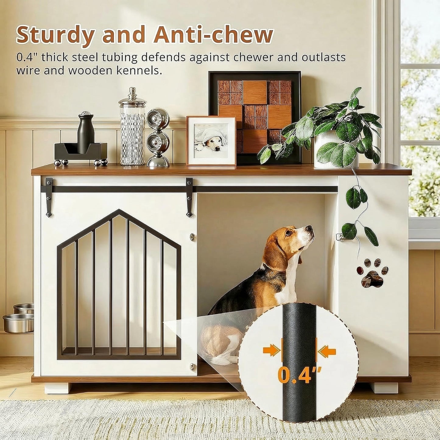 IRONCK Large Dog Crate Furniture with 2 Rotatable Dog Bowls, Wooden Dog Kennel with 2 Adjustable Shelves, Barn Doors Decorative Pet Cage Dog House as TV Stand, White