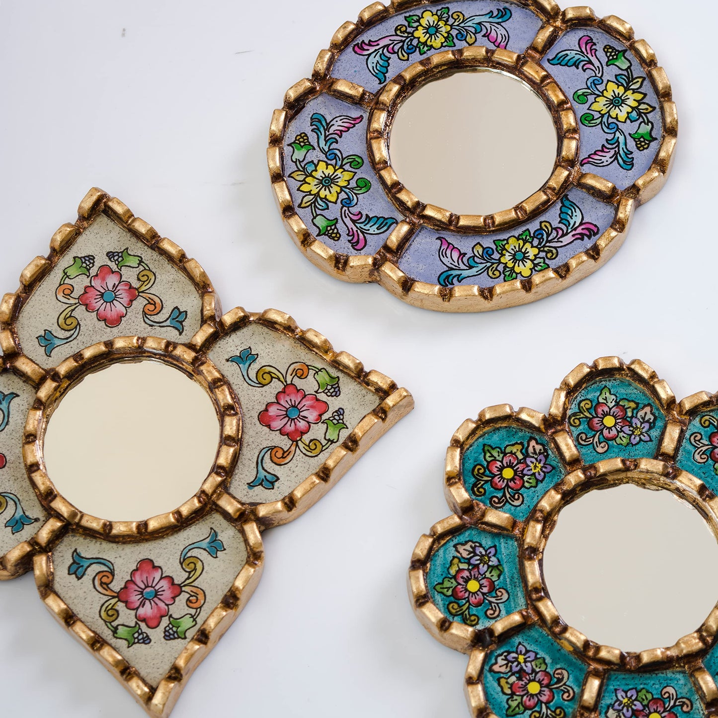 DECORCONTRERAS Artisan Handcrafted Wall Mirror Set, 3 Floral Shape Mirrors, Bronze Finish Frame, Turquoise Purple Beige Glass