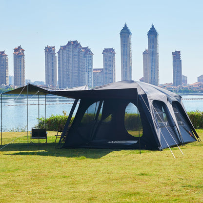 KTT Extra Large Tent 12 Person,Family Cabin Tents,Awning,2 Rooms,4 Doors and 4 Windows with Mesh,Straight Wall,Waterproof,Double Layer,Big Tent for Outdoor,Picnic,Camping,Family Gathering(Black)