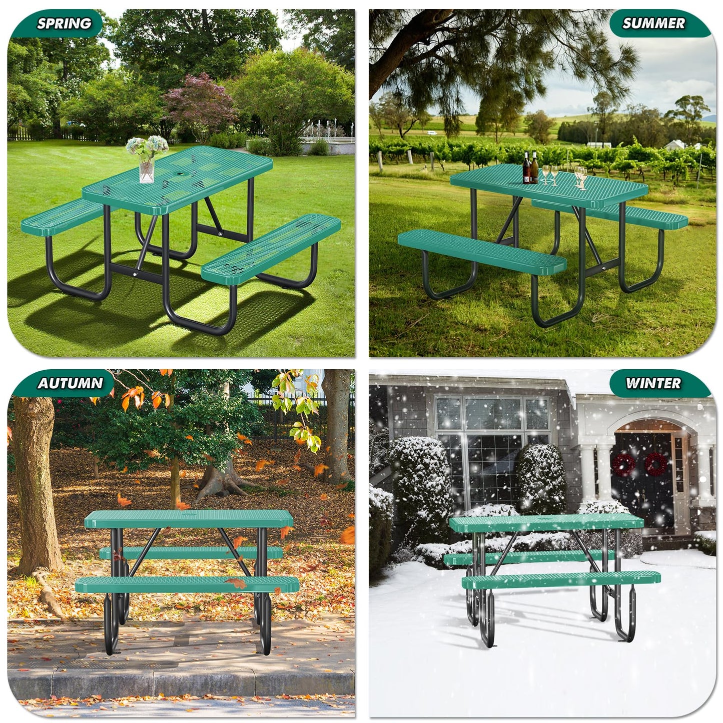 Gaonala 4FT/48IN Heavy Duty Outdoor Picnic Table and 2 Benches for 2-6 People, Weather Resistant Rectangular Steel Picnic Table Set with Umbrella Hole for Yard Patio Lawn Party Green