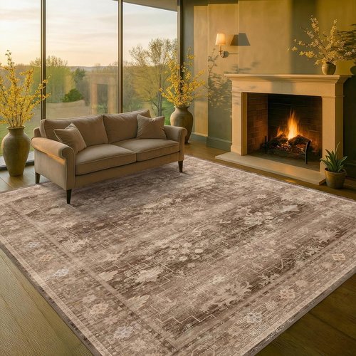Hazo Haus Boho Brown Area Rug - Washable 6x8 Modern Vintage Design for Living Room & Dining Room