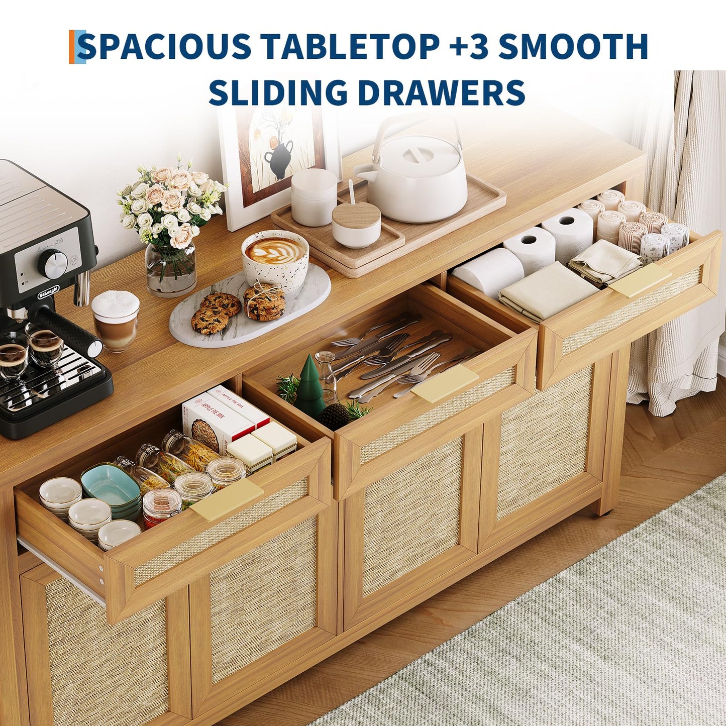 IDEALHOUSE Kitchen Sideboard Buffet Cabinet with Storage, 63in Large Farmhouse Wood Coffee Bar Credenza Cabinet with 3 Drawers and 4 Doors Adjustable Shelves for Living Room, Light Oak