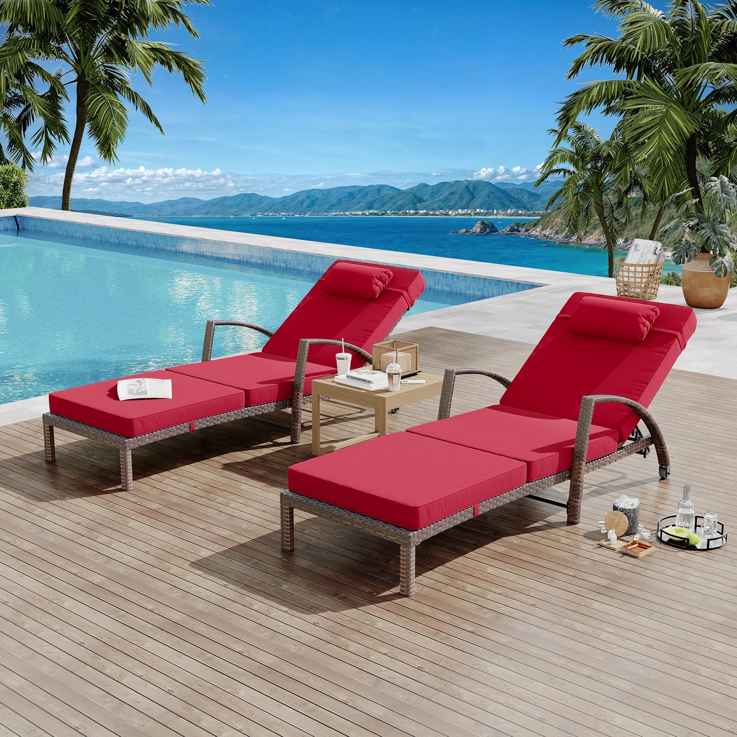 GarveeLife 2-Piece Rattan Patio Folding Chaise Lounge, 5-Position Adjustable Backrest Outdoor Lounge Chair with Cushion and Pillow for Poolside, Backyard, Deck, Porch, Red