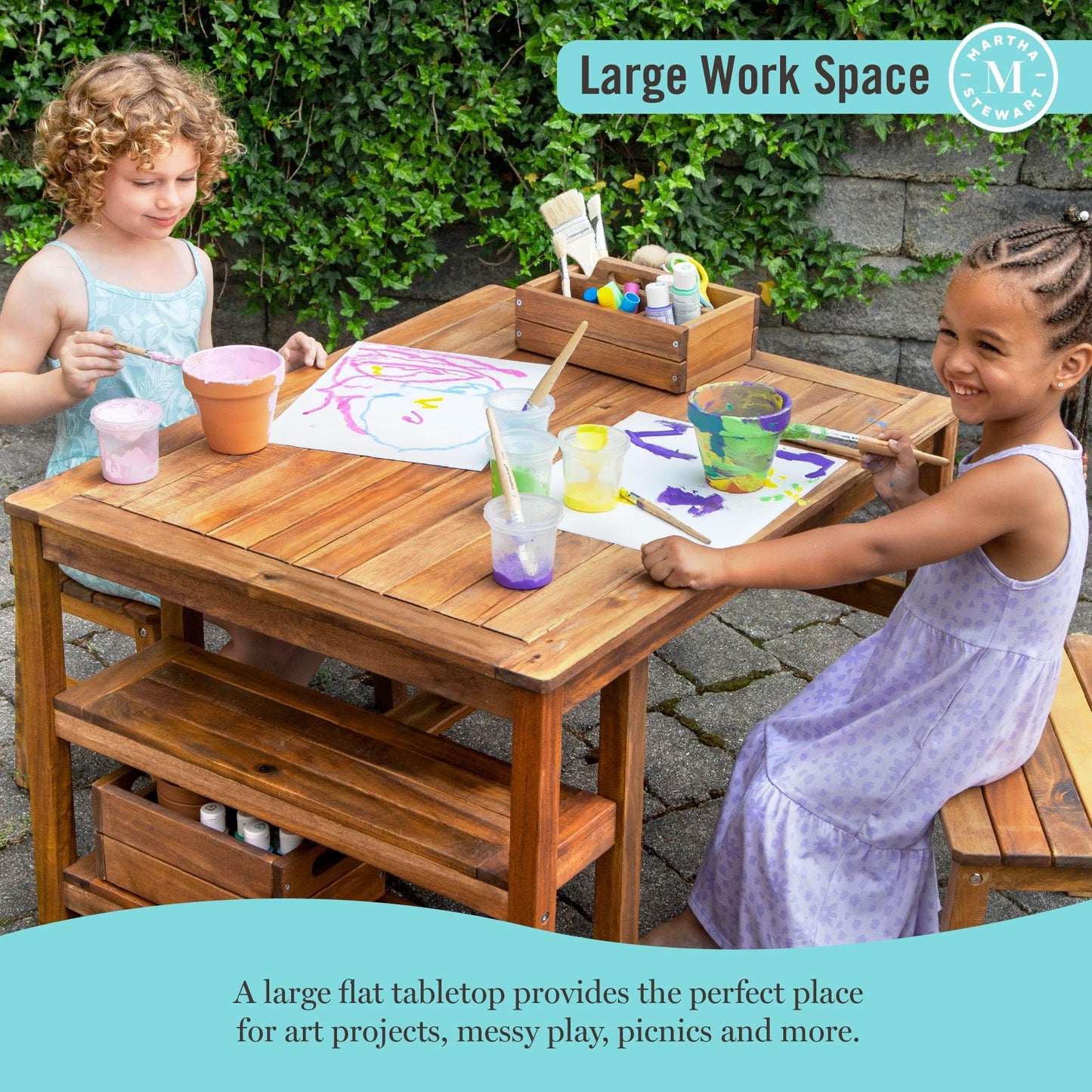 Martha Stewart Kids Outdoor Craft Table and 2 Bench Set: Acacia Wood Activity Desk w/Crate, Caddy, and Storage Shelves | Kids Play & Picnic Table w/Benches for Backyard, Patio, Outdoor Classrooms