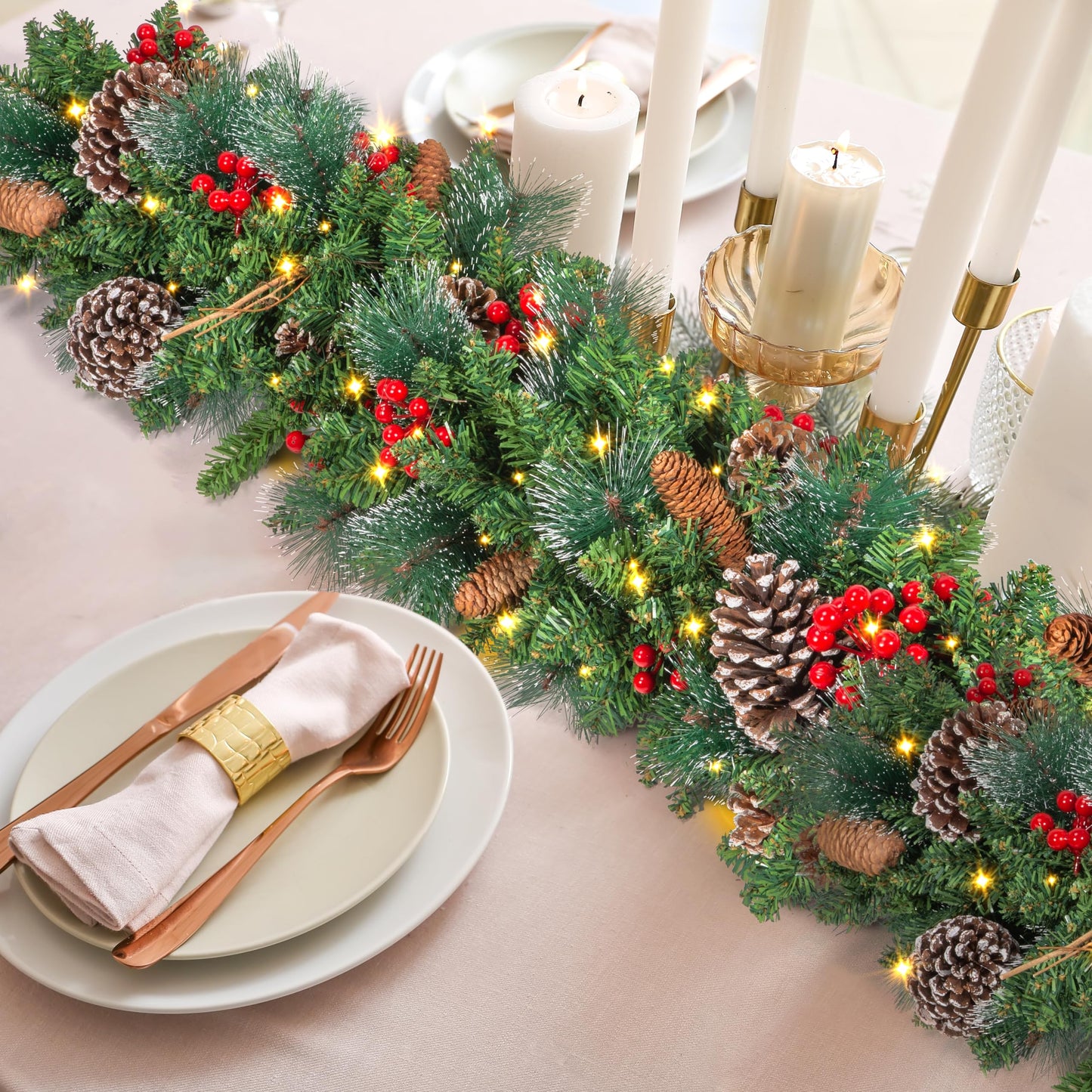 TigeJoy 9FT Luxury Prelit Christmas Garland with Warm White LED Timer Lights, Snow Cedar Garland with Red Berries, Mixed Pinecones, 8 Modes 3AA Battery Operated Xmas Decor for Fireplace Doorway Porch