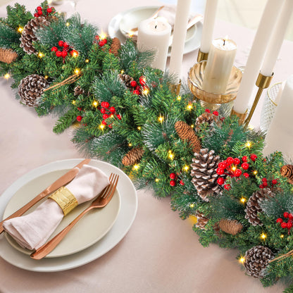 TigeJoy 9FT Luxury Prelit Christmas Garland with Warm White LED Timer Lights, Snow Cedar Garland with Red Berries, Mixed Pinecones, 8 Modes 3AA Battery Operated Xmas Decor for Fireplace Doorway Porch